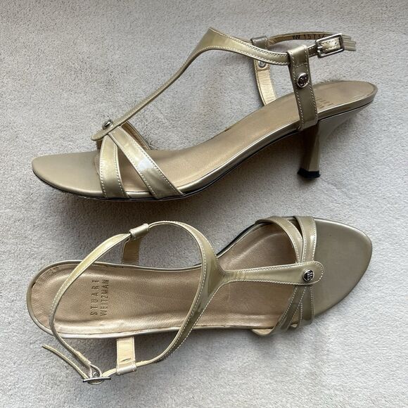 Stuart Weitzman Beige Patent Leather T-Strap Heeled Sandal Women 9 M Neutral - Picture 16 of 16